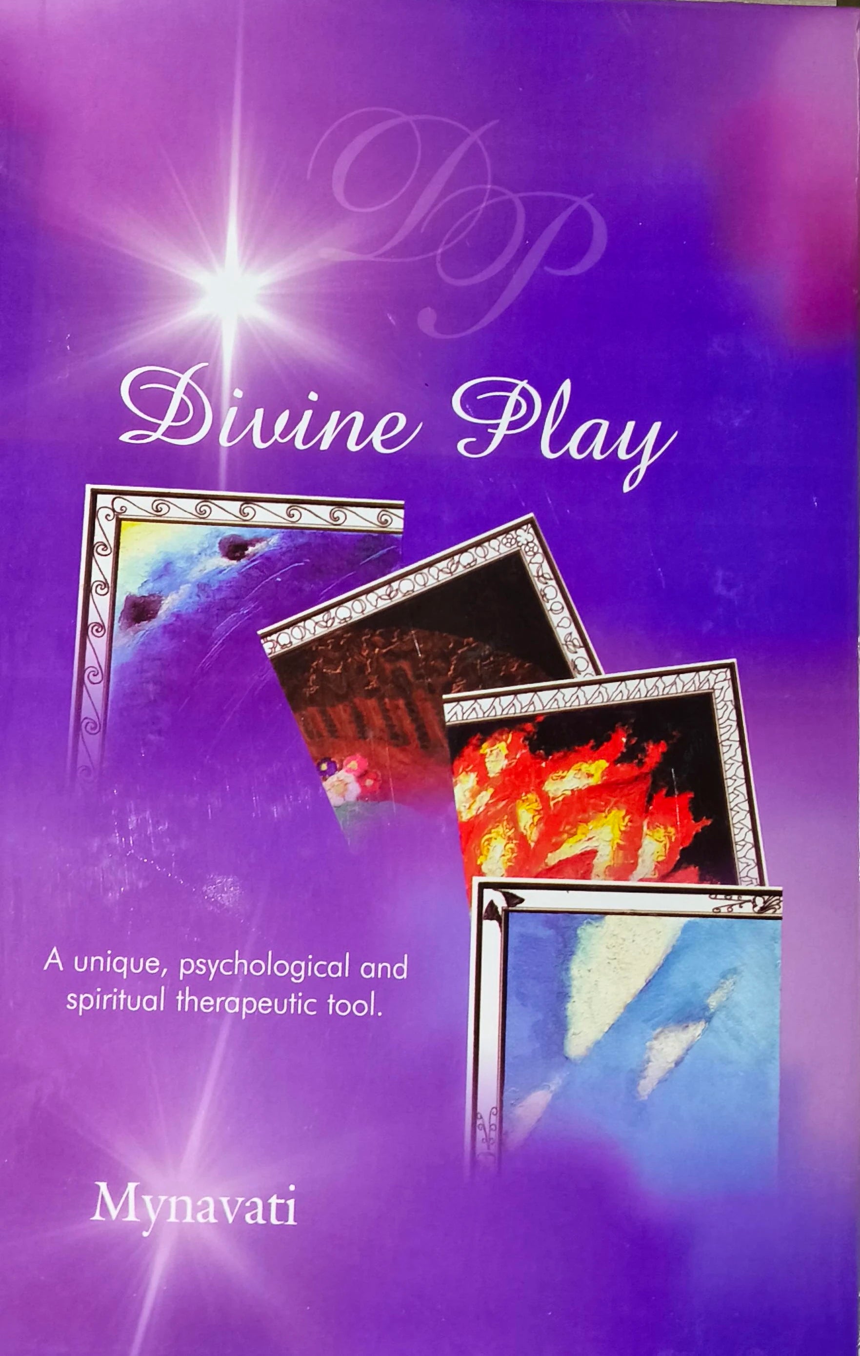 Paperback book Divine Play by Mynavati with purple cover and abstract art