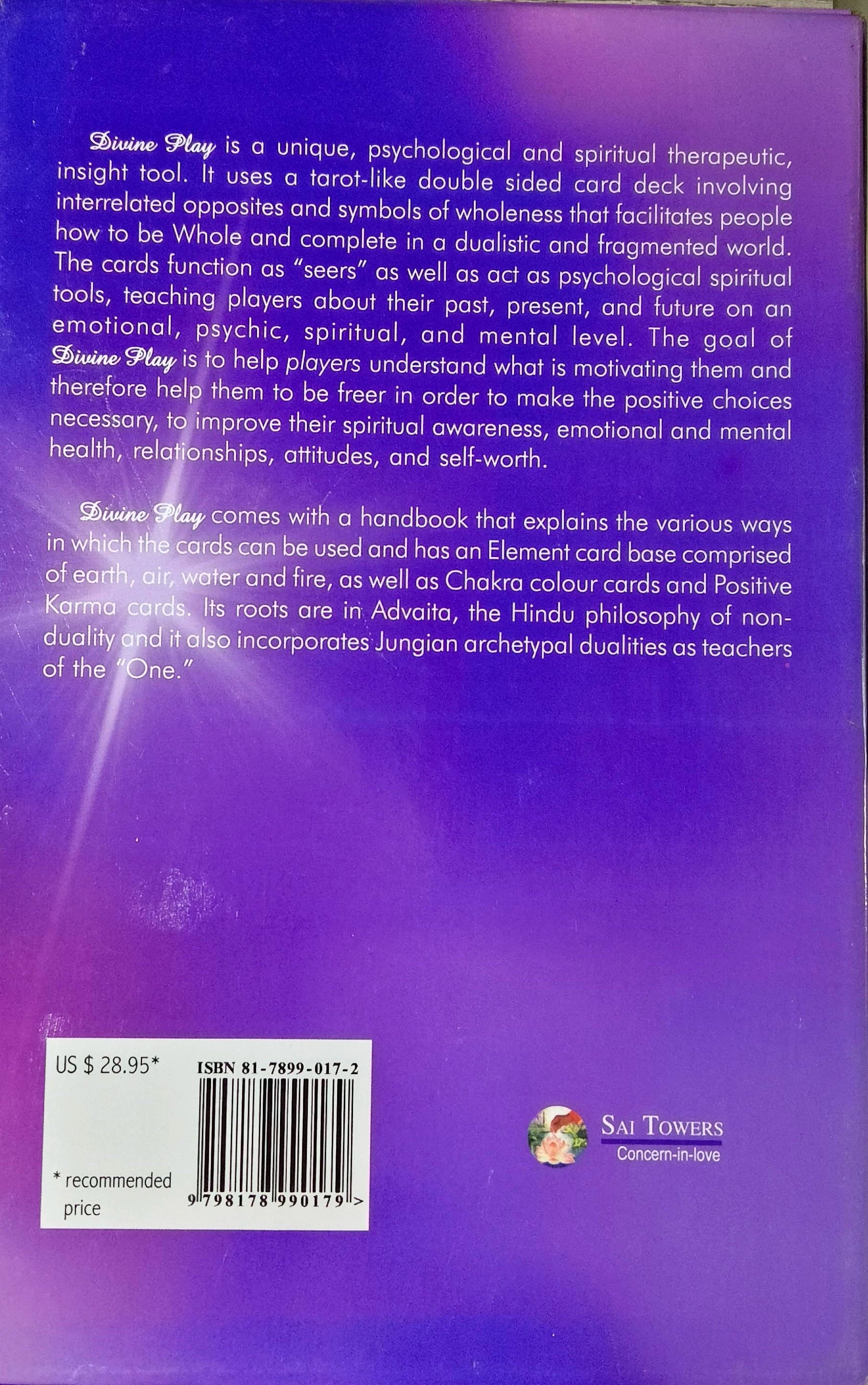 Back cover of Divine Play paperback book with purple background and white text