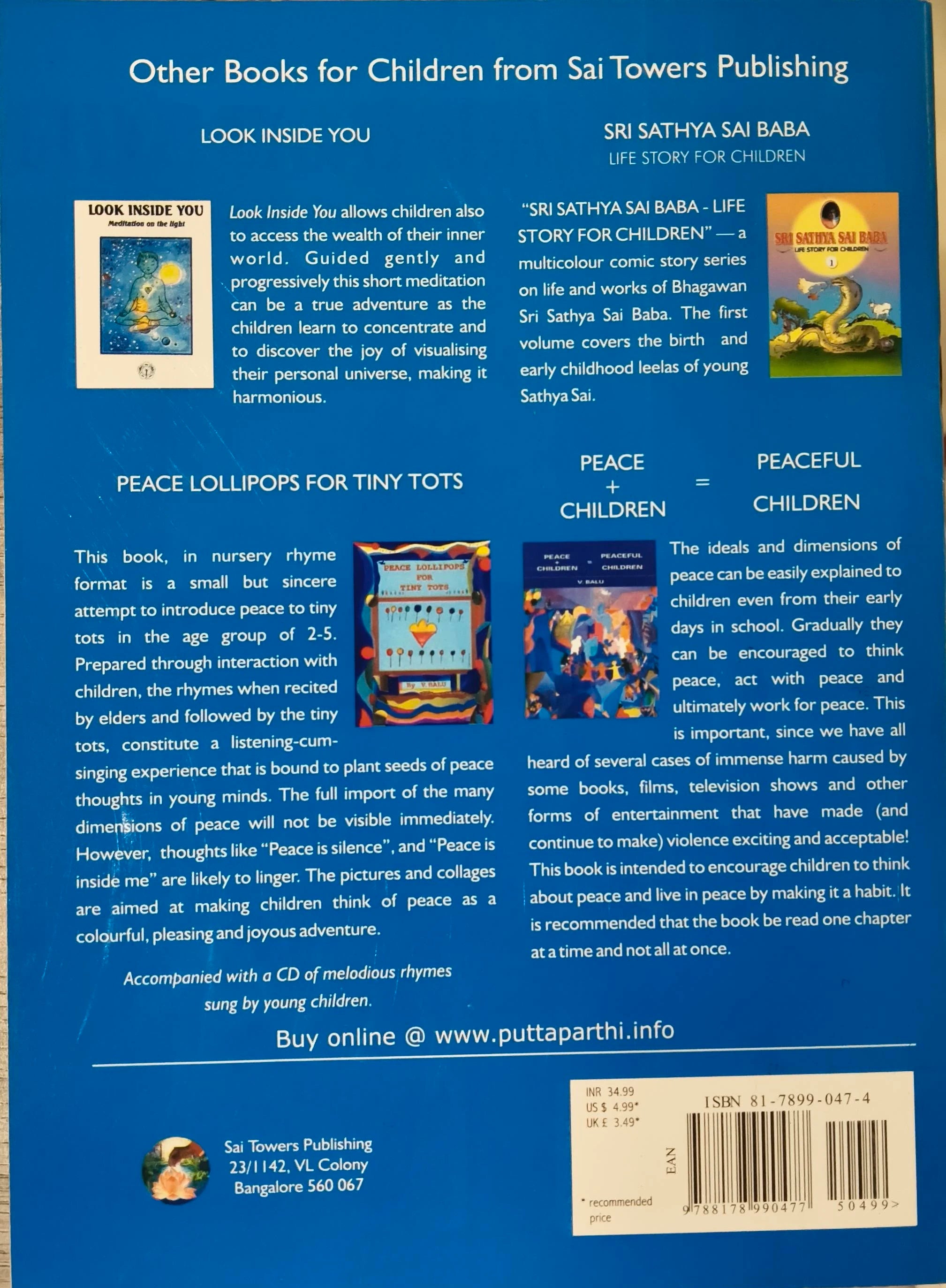 Back cover of Sri Sathya Sai Baba Life Story for Children book with publisher and related titles