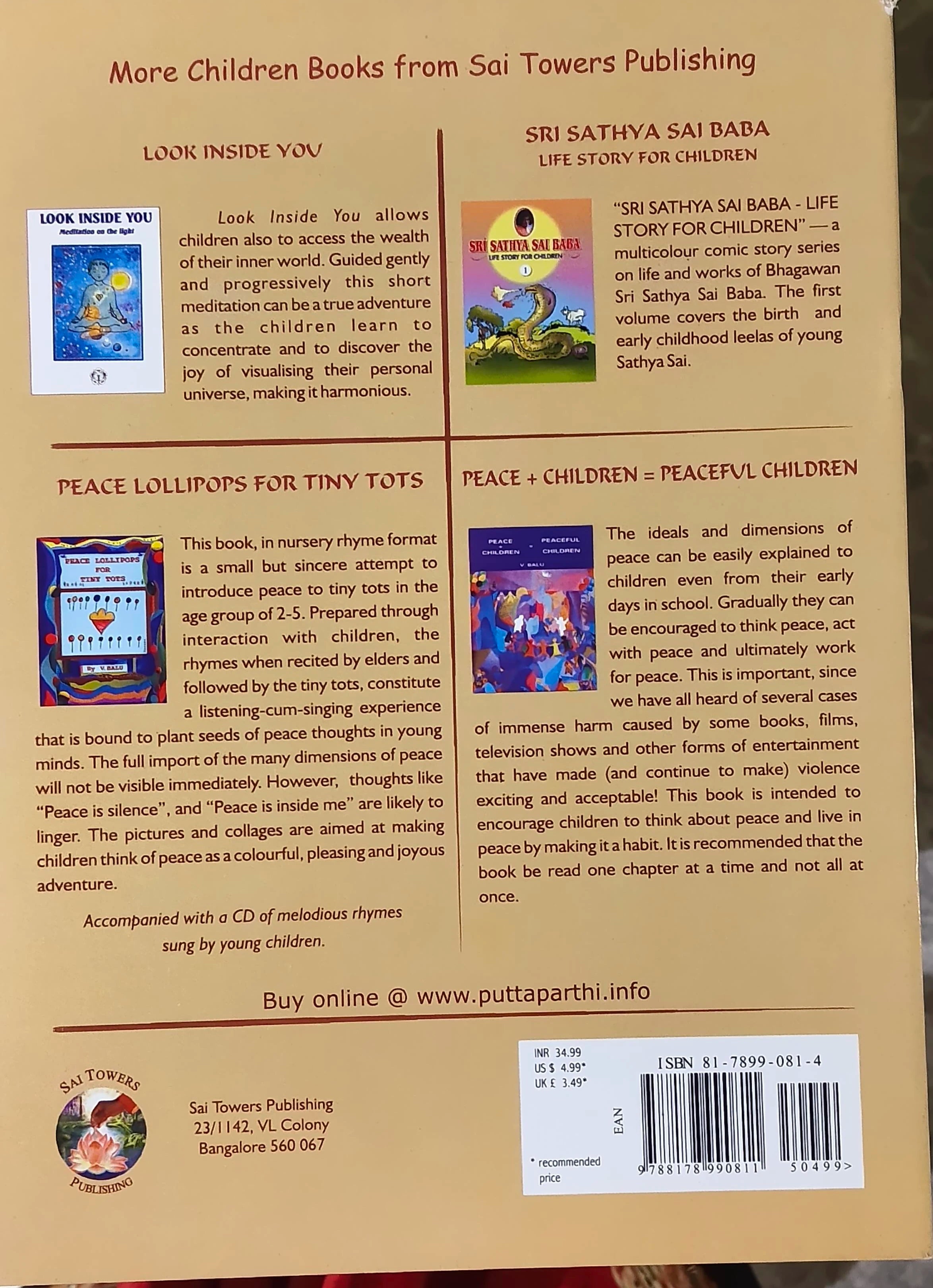 Back cover of Sri Sathya Sai Baba Life Story for Children book with publisher details