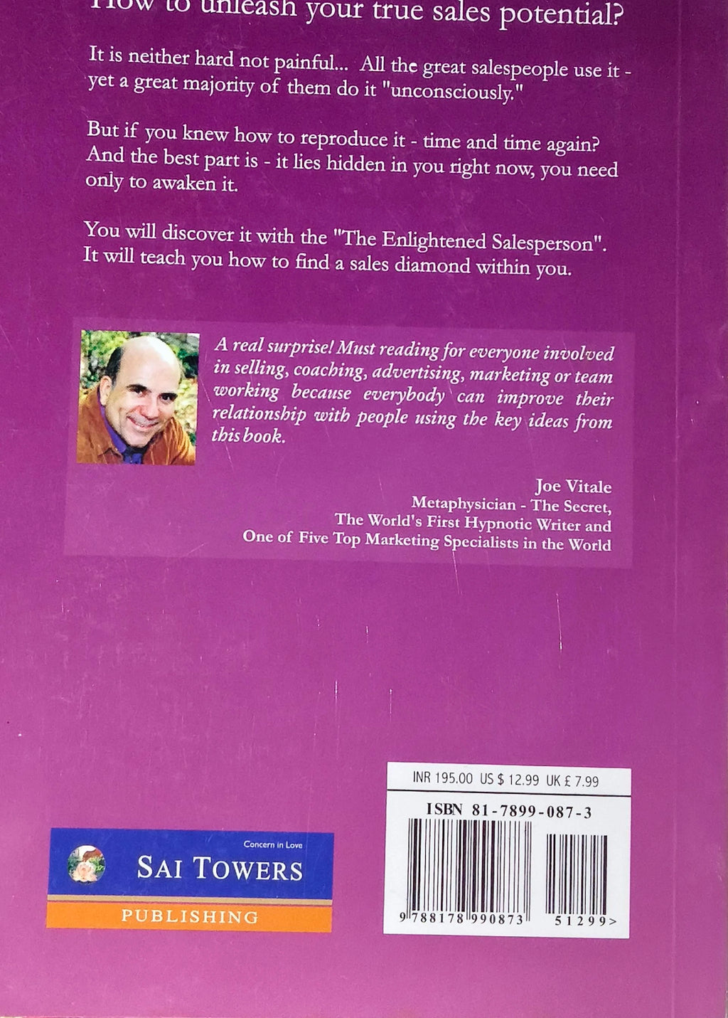 Back cover of Selling from the Inside Out book, purple with text and barcode
