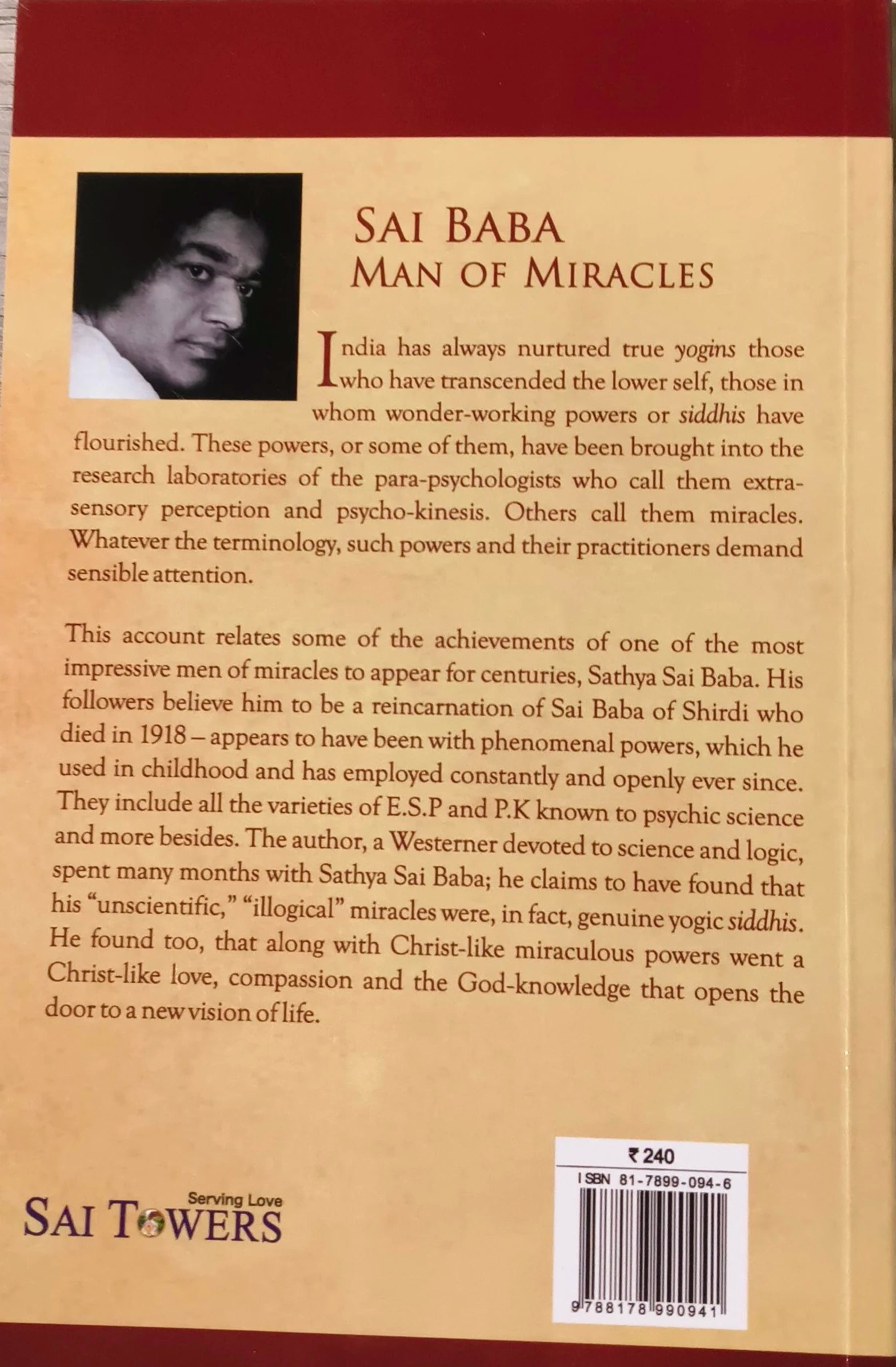 Back cover of the book Sai Baba Man of Miracles by Howard Murphet with text and small portrait