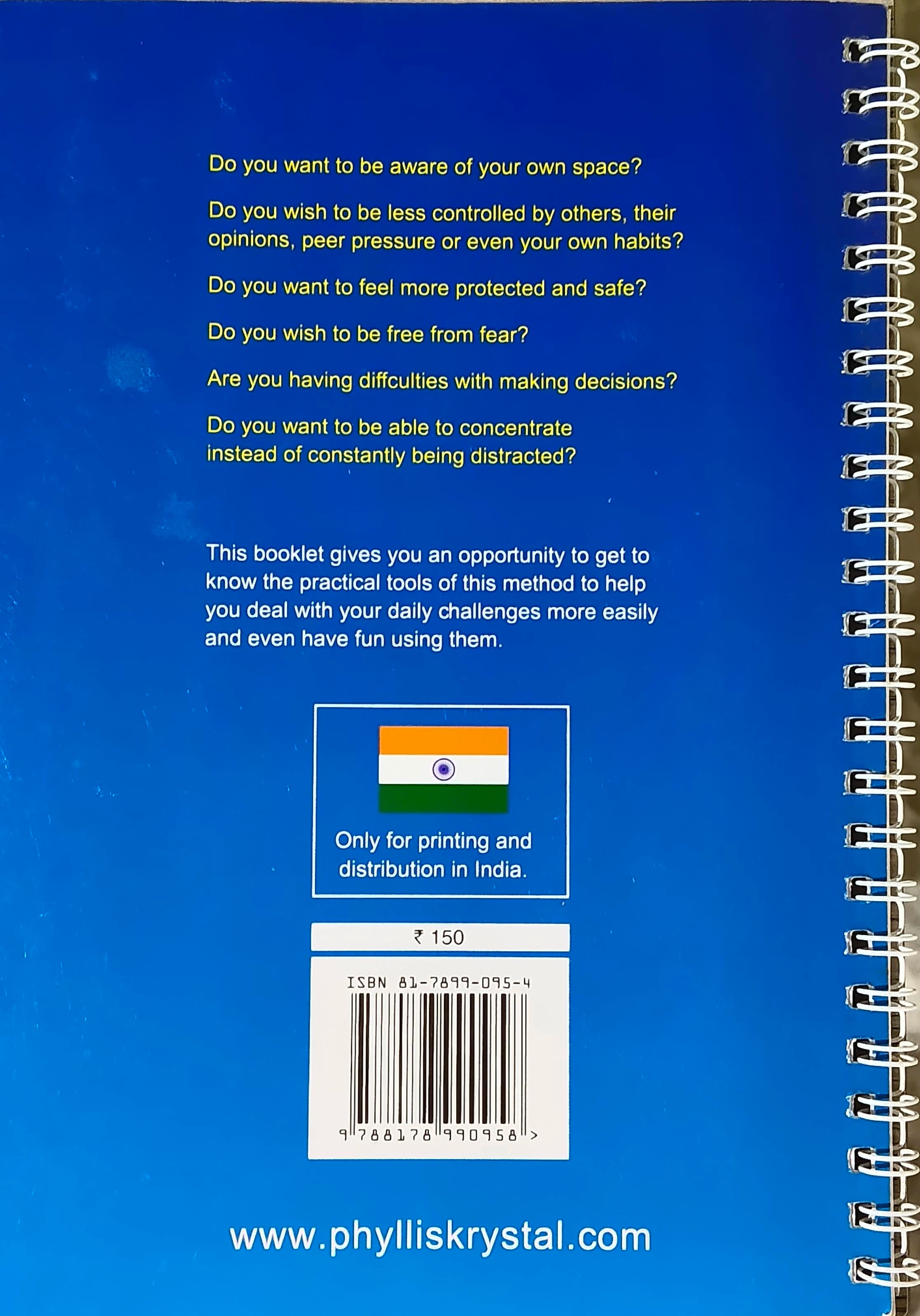 Back cover of Mini-Book No-1 Phyllis Krystal Method with blue background and spiral binding