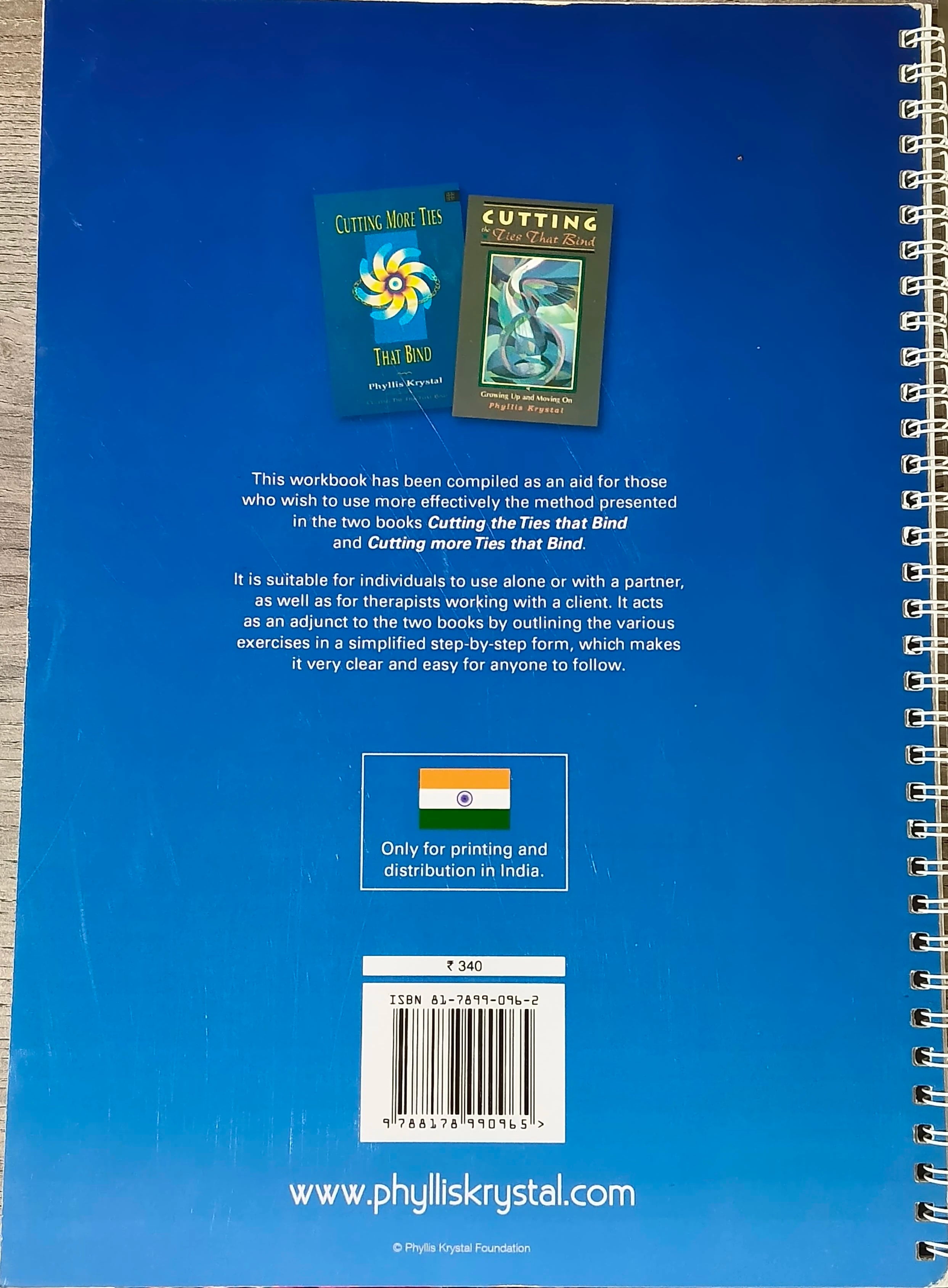 Back cover of Phyllis Krystal Method Workbook with blue background and spiral binding