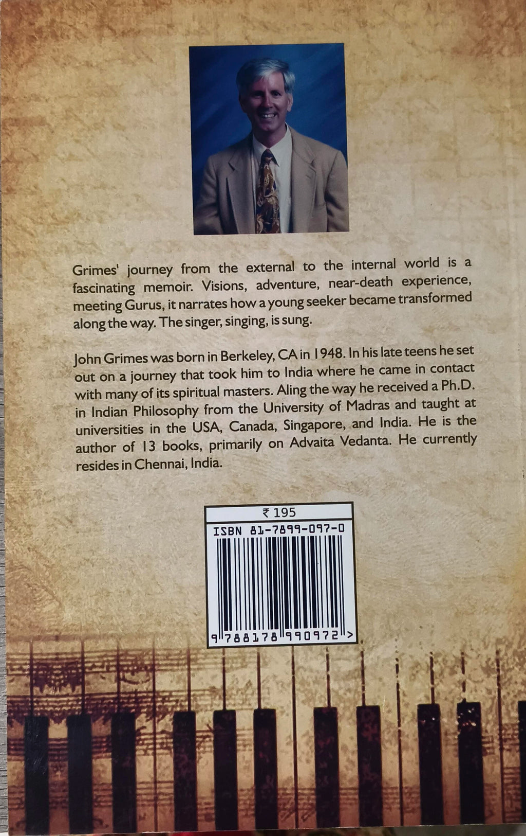 Back cover of paperback book A Song Sung in the Key of Sathya Sai by John Grimes