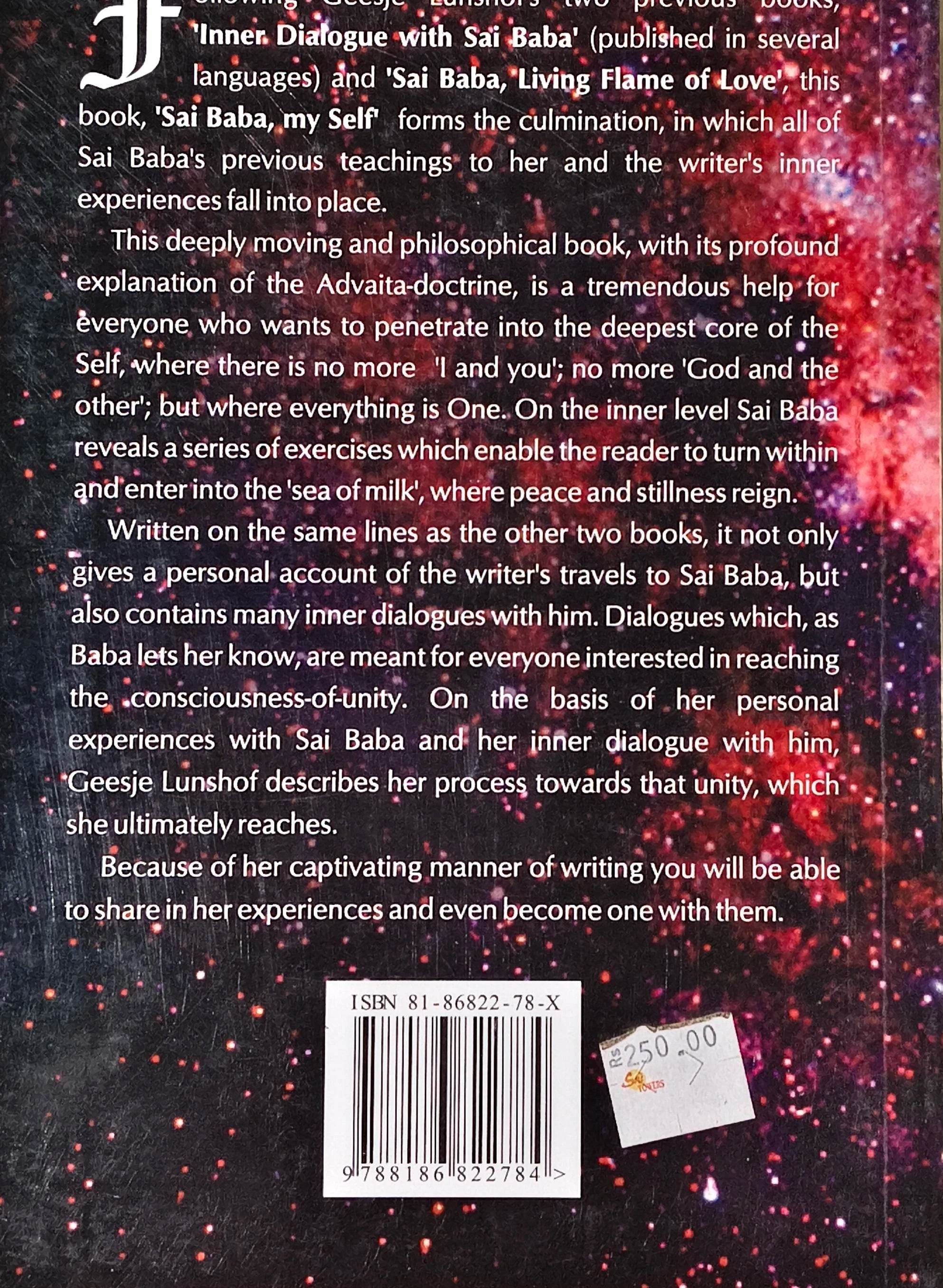 Back cover of the paperback book Sai Baba, my Self by Geesje Lunshof with barcode and description