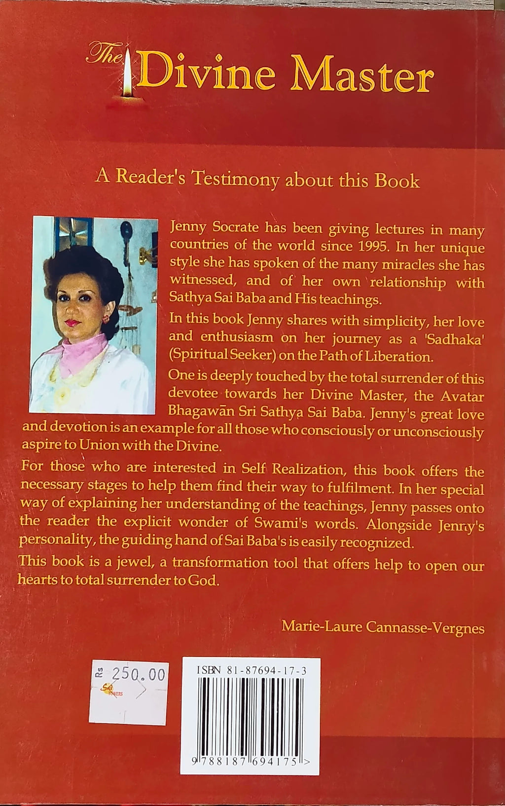 Back cover of The Divine Master paperback book by Jenny Socrate with reader's testimony