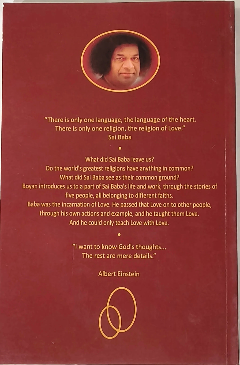 Back cover of Sai Baba and The Religion of Love paperback book with quotes and portrait