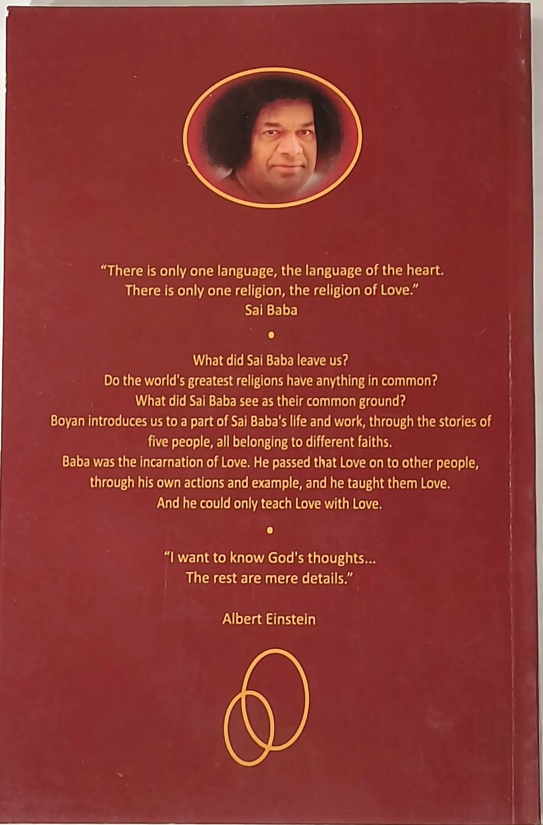 Back cover of Sai Baba and The Religion of Love paperback book with quotes and portrait