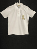 White men's polo T-shirt with Sai Baba spiritual emblem on front left chest