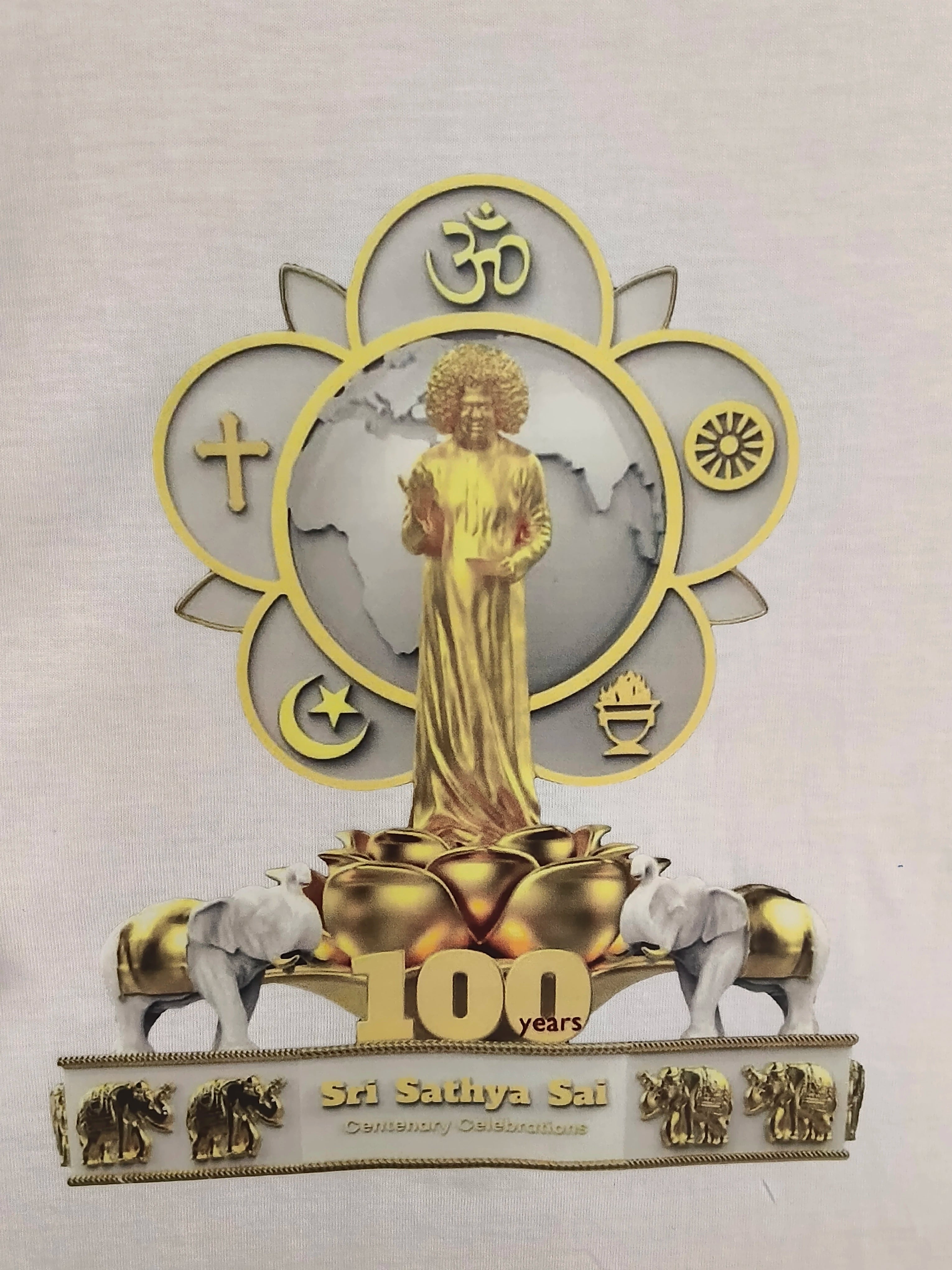 Men's white rib neck T-shirt with golden Sri Sathya Sai centenary celebration design