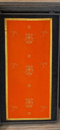 Large orange pooja table cloth with golden border and spiritual symbols
