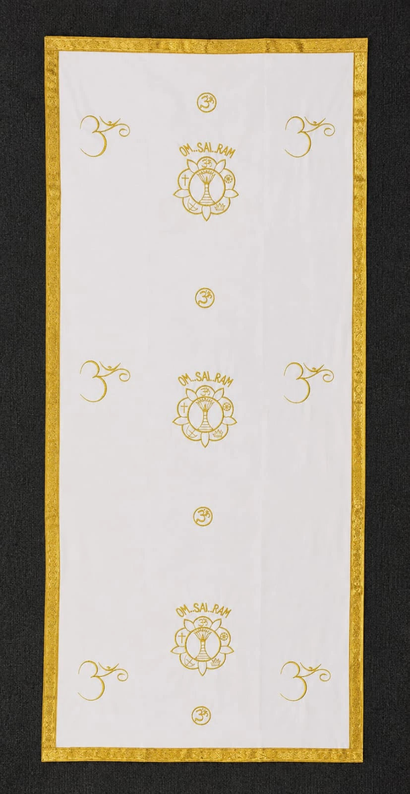 Large white pooja table cloth with gold border and spiritual symbols embroidered