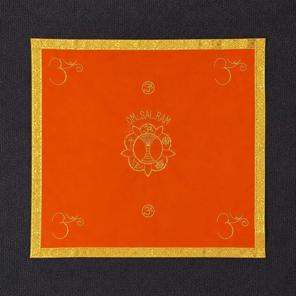 Orange medium pooja table cloth with golden border and spiritual symbols