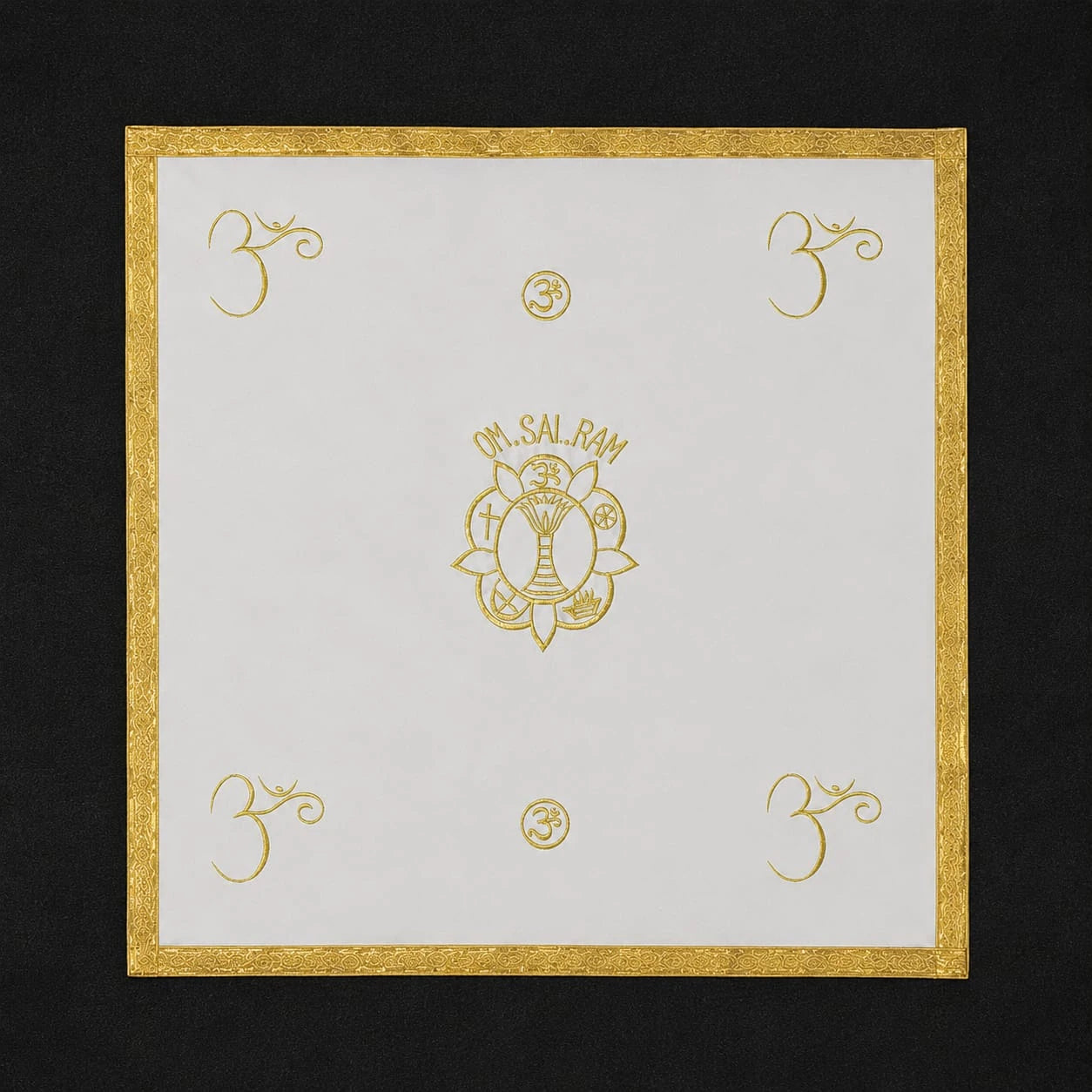 Medium white pooja table cloth with gold Om symbols and decorative border