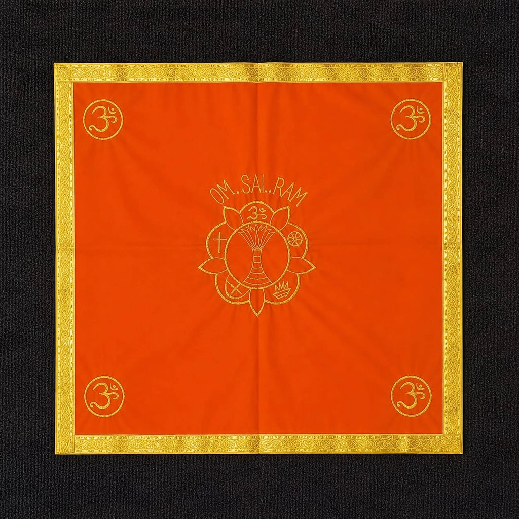 Small orange pooja table cloth with golden border and spiritual symbols