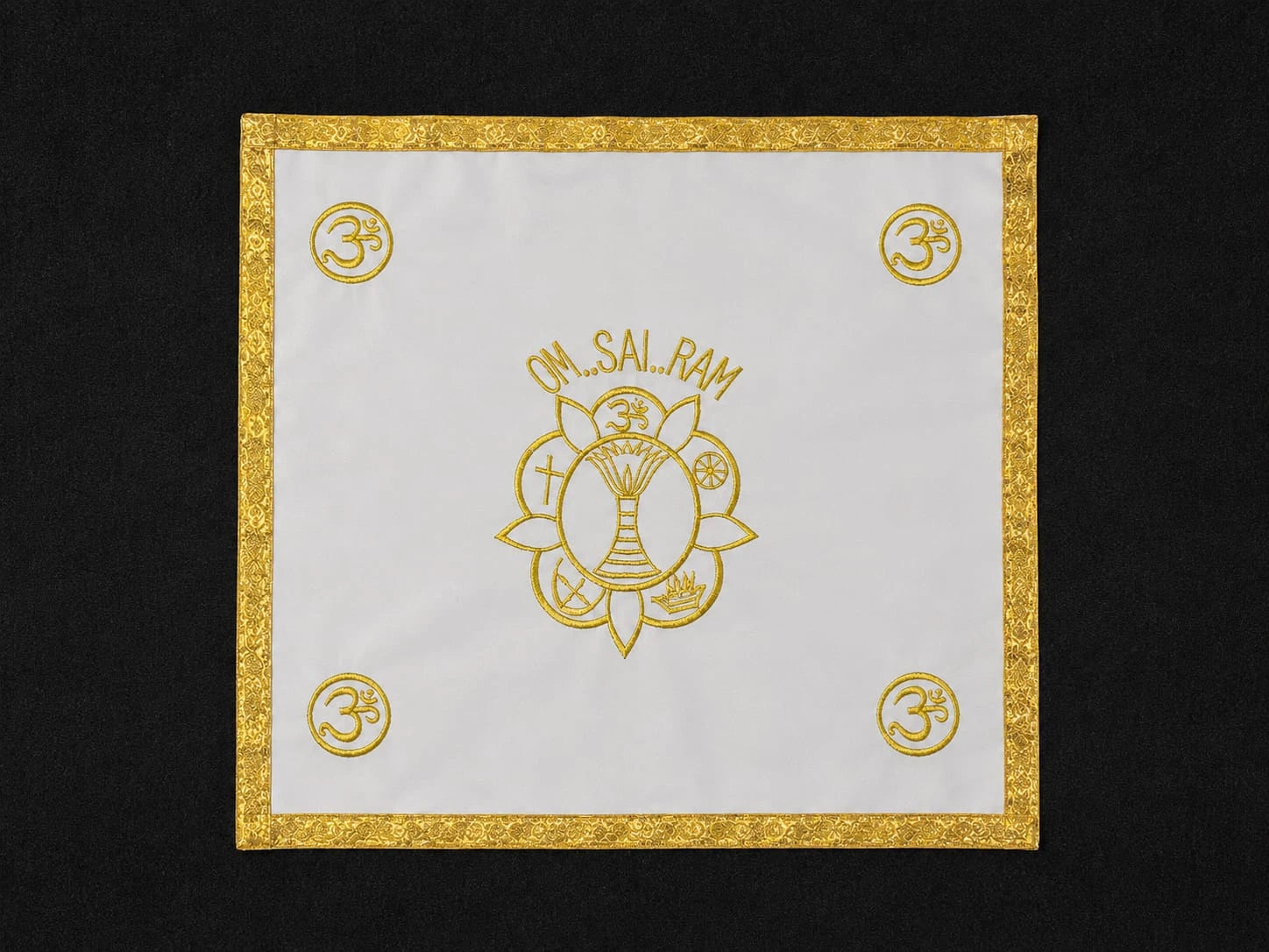 Small white pooja table cloth with gold border and spiritual symbols embroidered
