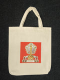 Beige tote bag with colorful Hundred Years logo and spiritual symbols print