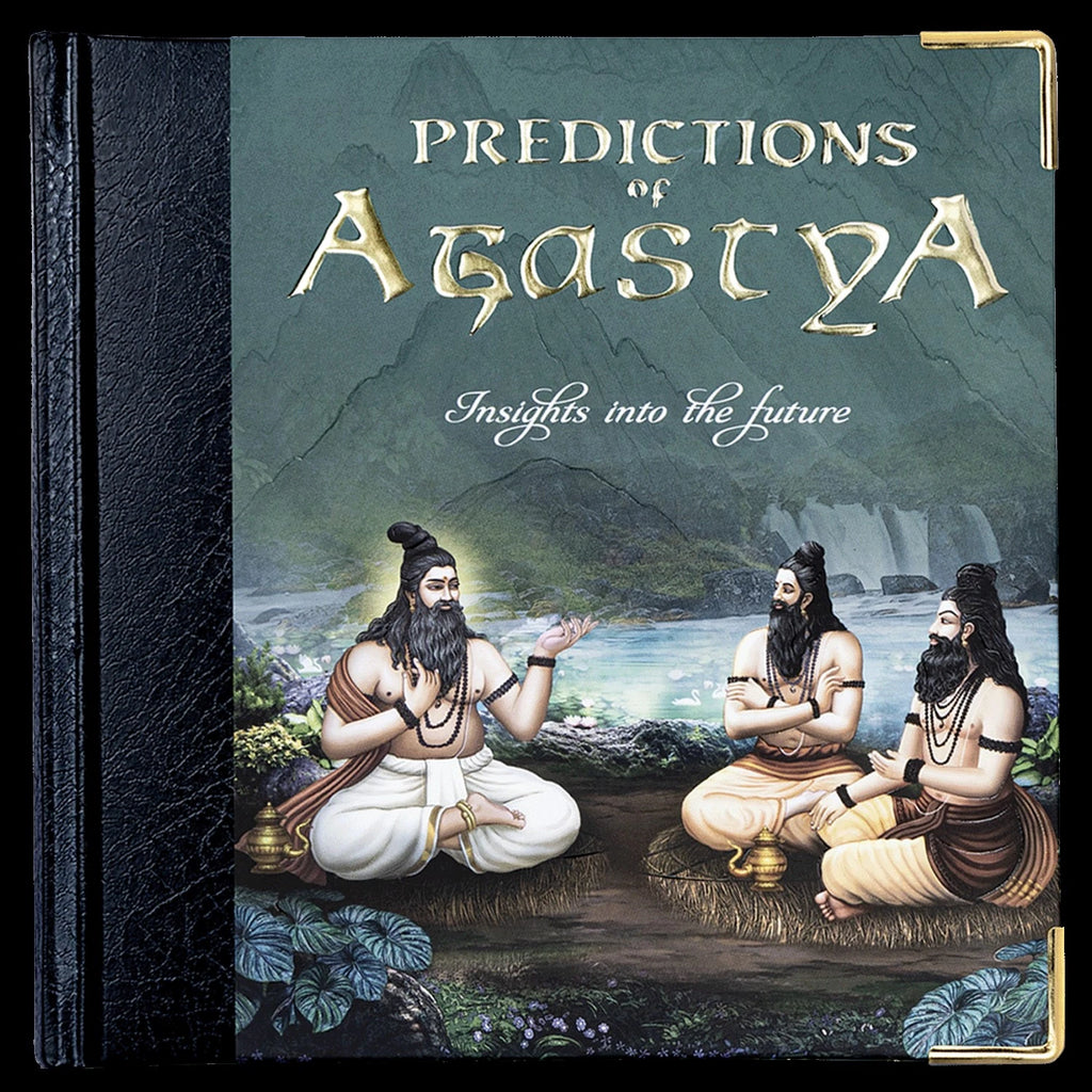 Hardbound spiritual book Predictions of Agastya with illustrated sage sitting on cover