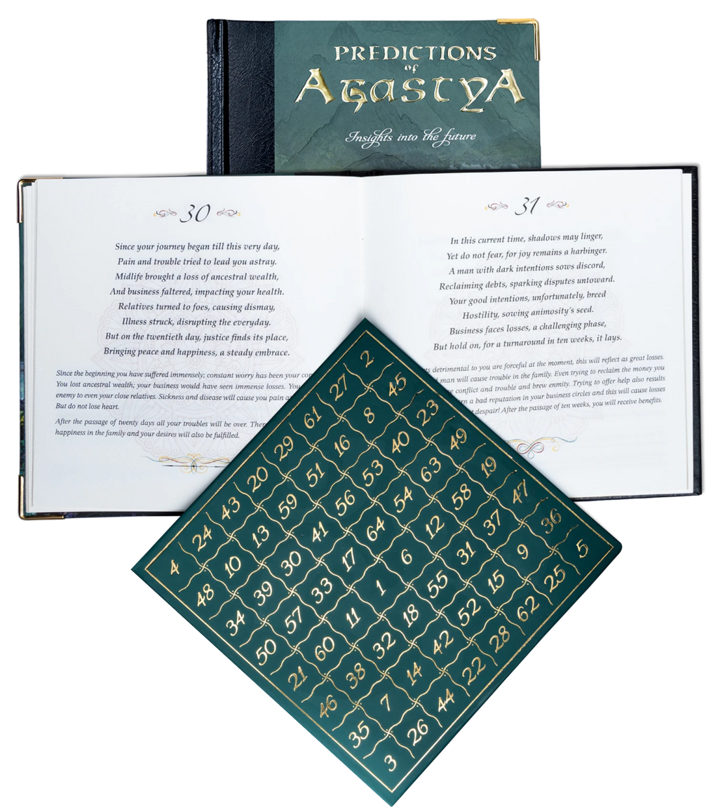 Hardbound book titled Predictions of Agastya with open pages and a chart of numbered squares