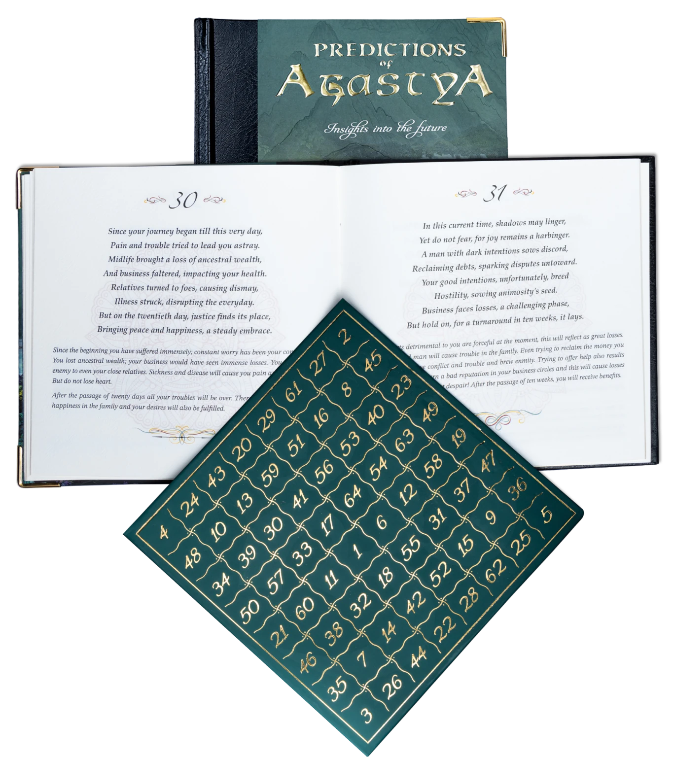 Hardbound book titled Predictions of Agastya with open pages and a chart of numbered squares