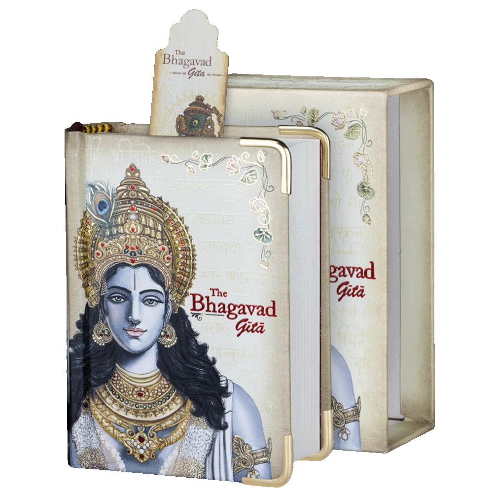 Hardbound edition of The Bhagavad Gita book with Krishna illustration on cover and box