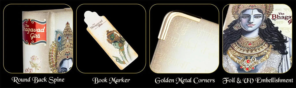 Hardbound Bhagavad Gita Classic Edition A7 book with decorative bookmark and gold corner details