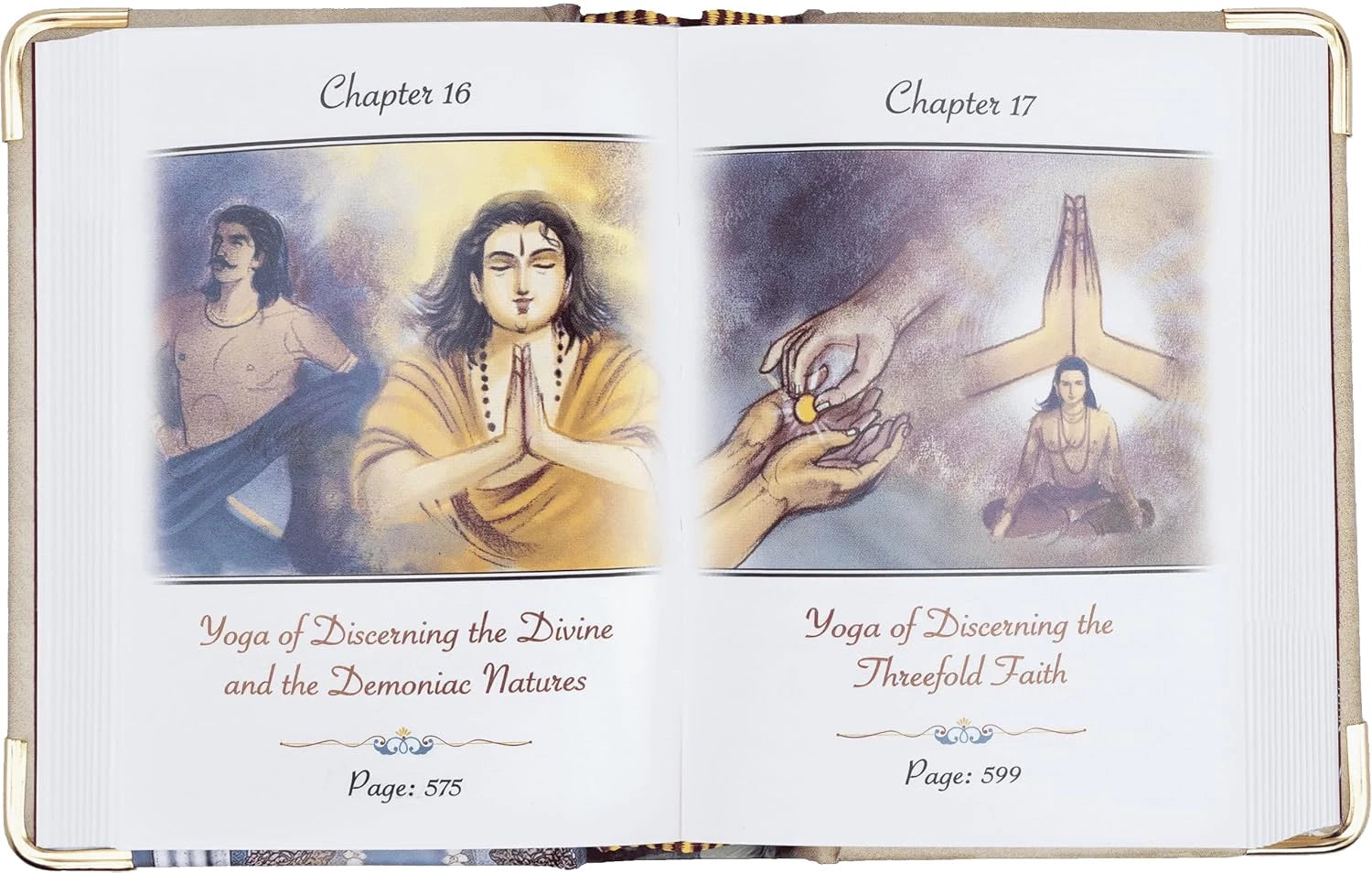 Open hardbound Bhagavad Gita book showing chapters 16 and 17 with illustrations and text