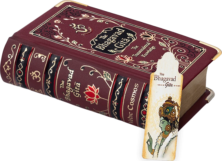 The Bhagavad Gita hardbound book with decorated maroon cover and illustrated bookmark