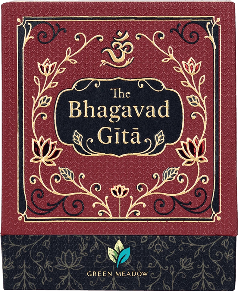 Hardbound Bhagavad Gita book with decorative red and black cover and slipcase