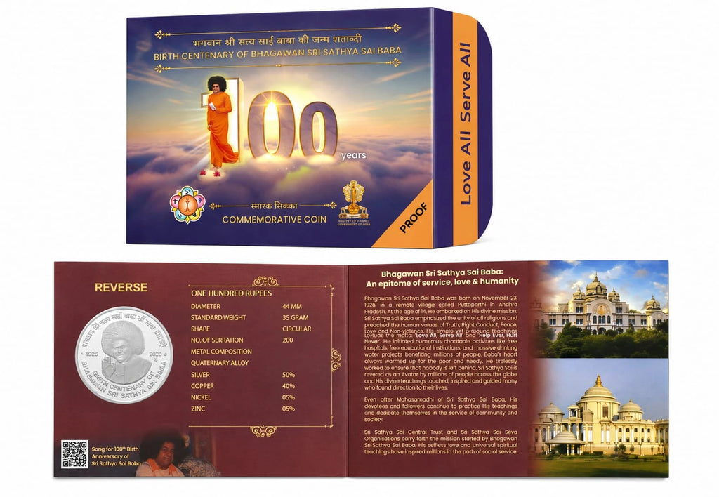 Commemorative coin for Bhagawan Sri Sathya Sai Baba's 100th birth anniversary with packaging