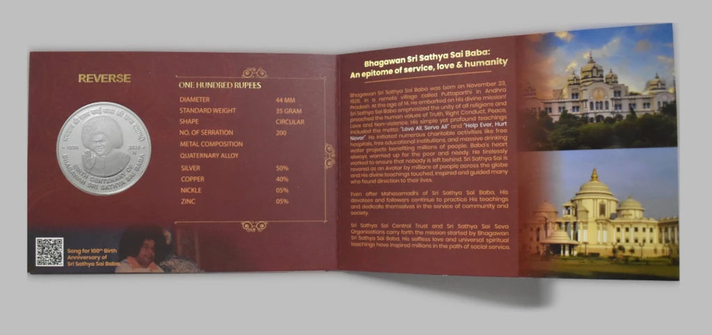 Sai Baba Centenary commemorative coin in quaternary alloy with informational booklet
