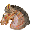 Painted crystal horse head sculpture with decorative floral patterns and black mane