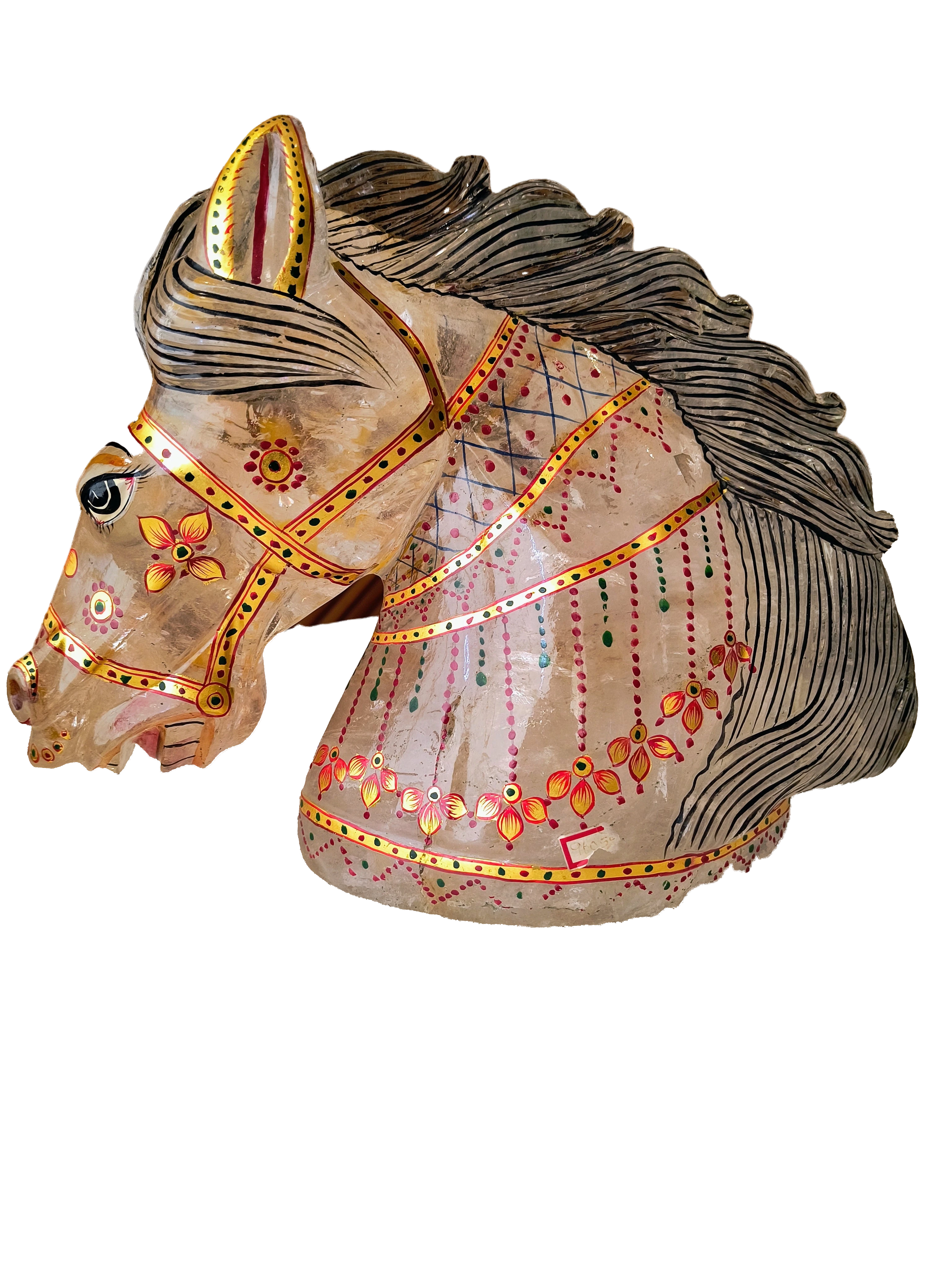Painted crystal horse head sculpture with decorative floral patterns and black mane