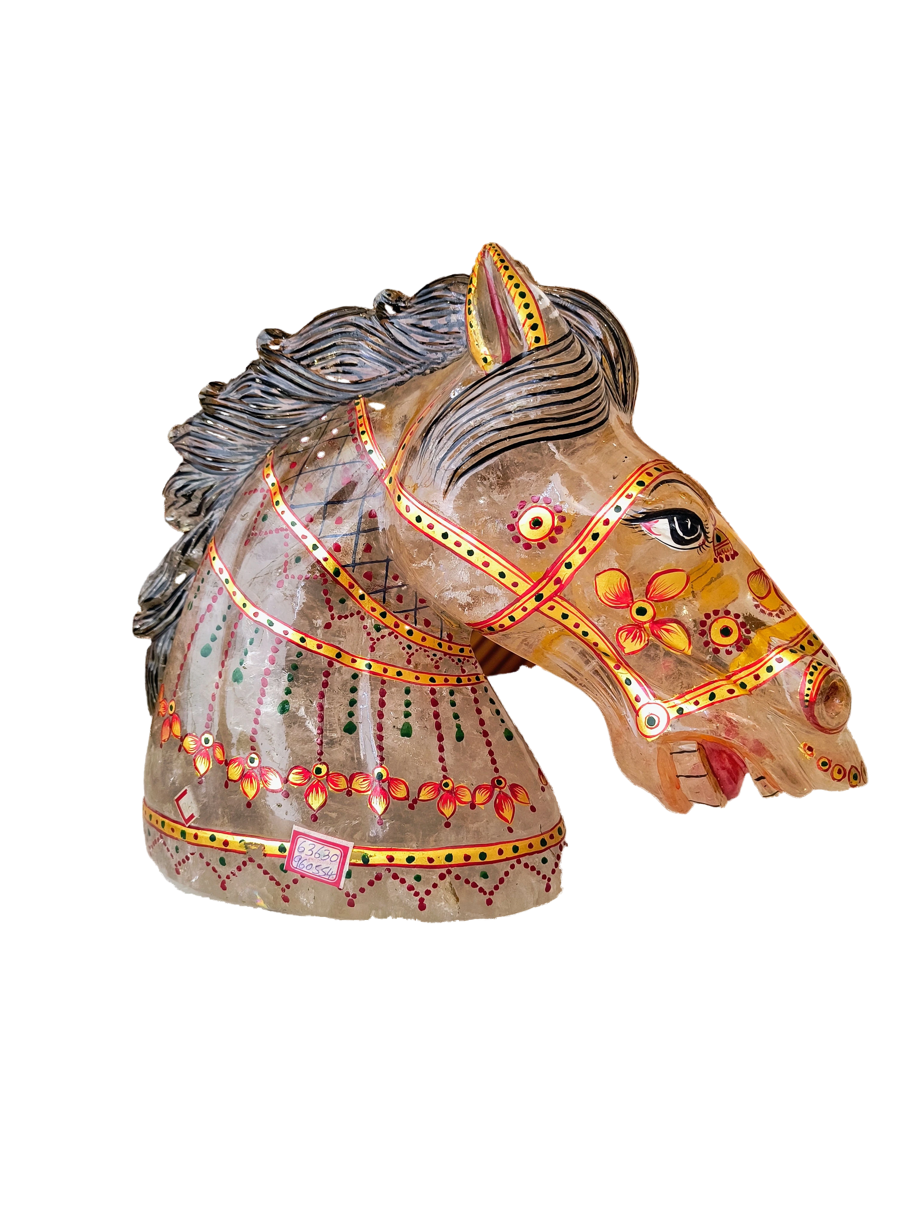 Painted crystal horse head sculpture with floral and geometric designs