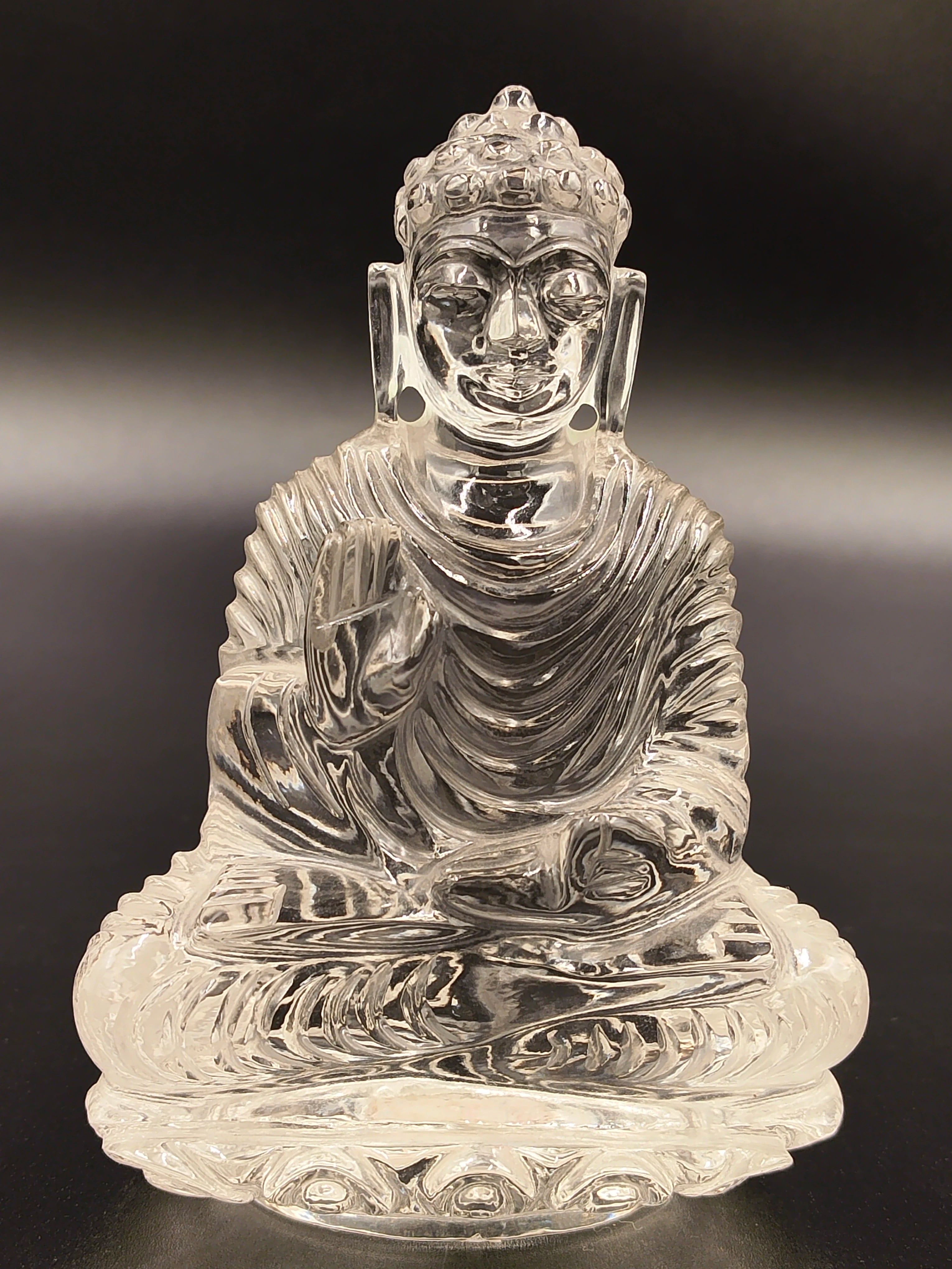 3.5-inch clear crystal Buddha sculpture seated in meditation pose