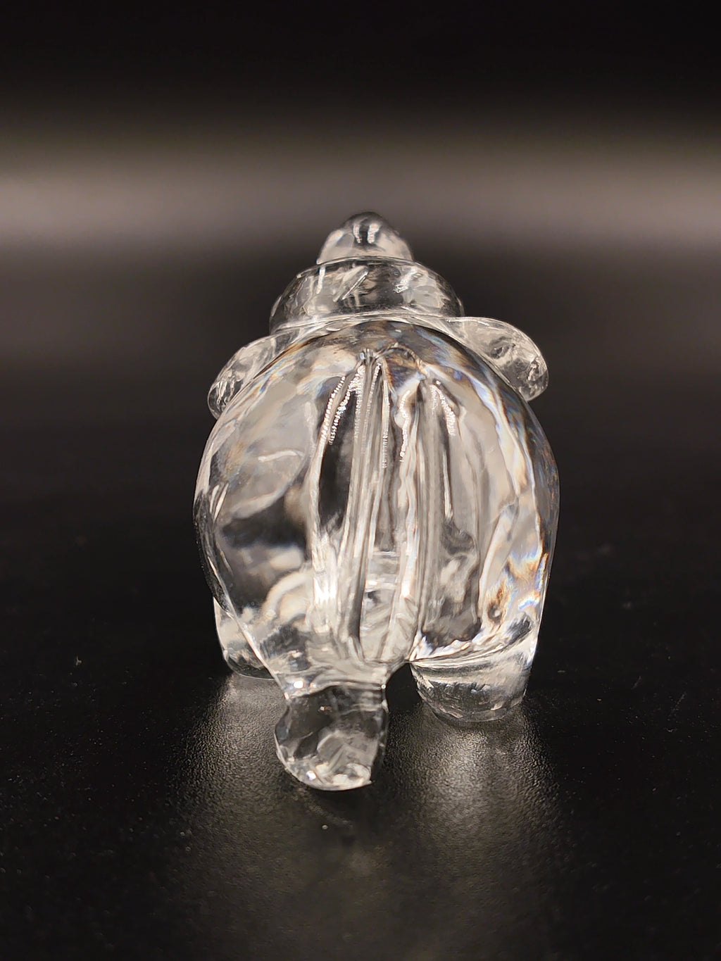 Clear crystal elephant figurine viewed from the back on black background