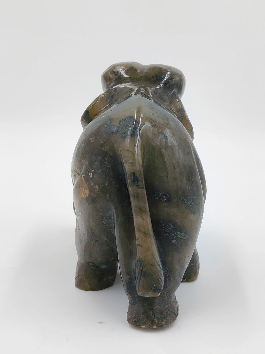 Rear view of labradorite elephant figurine sculpture