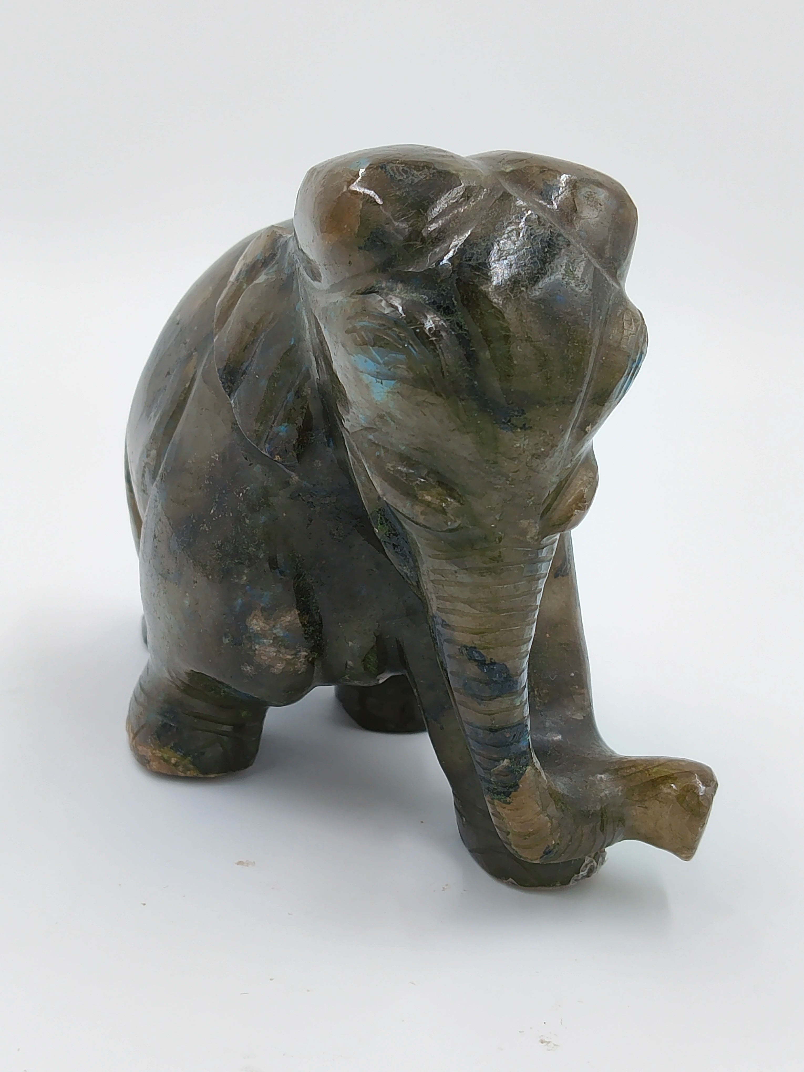 Hand-carved labradorite elephant figurine with polished finish
