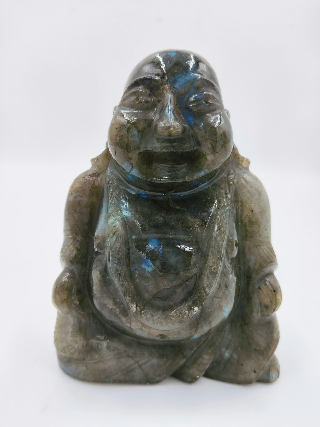 Front view of a Labradorite Laughing Buddha small tabletop sculpture