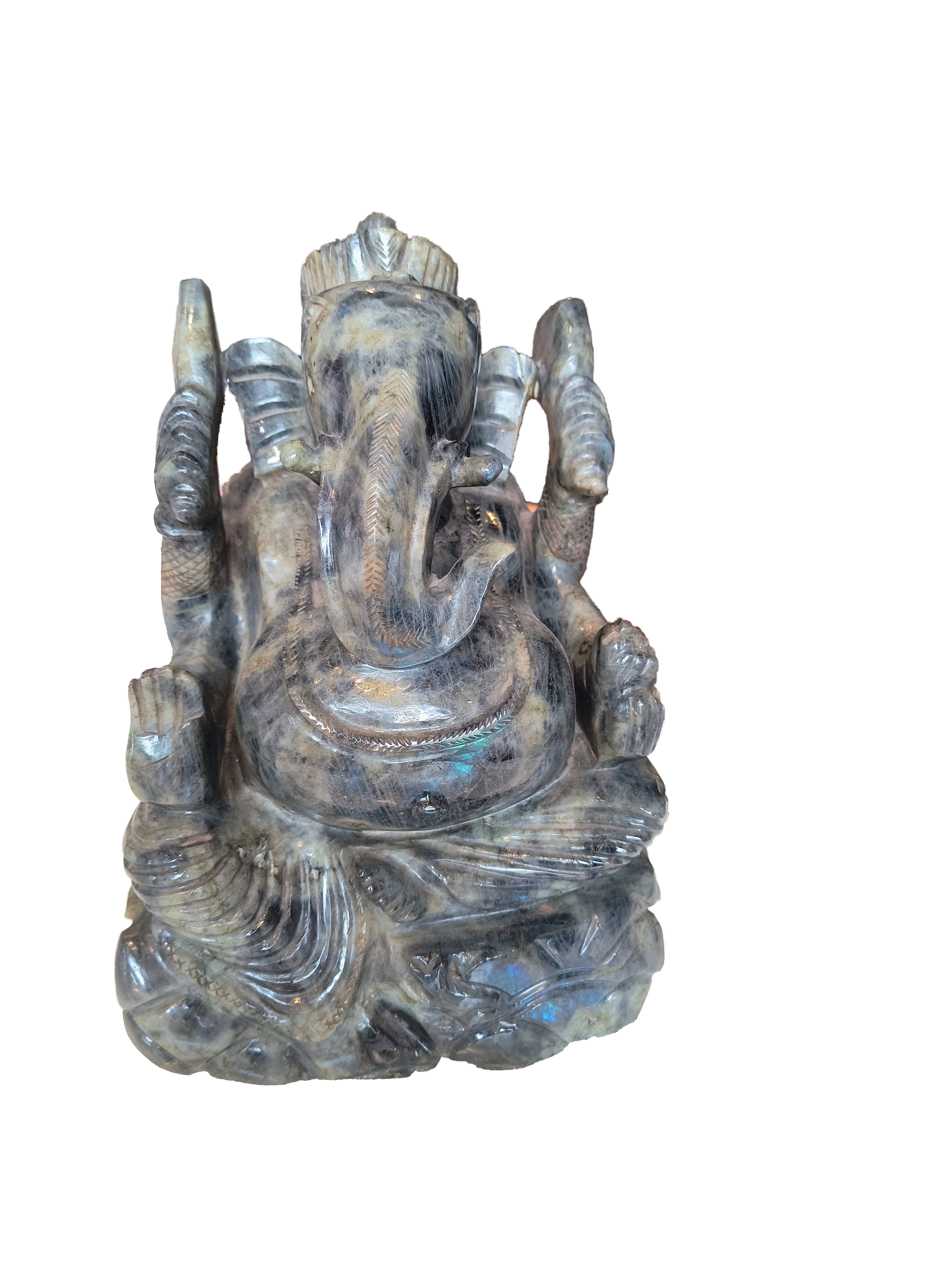 Large labradorite statue of Ganesh with intricate carvings