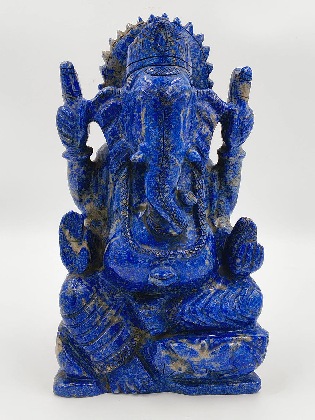 11 inch blue lapis lazuli Ganesh statue sitting with intricate carvings
