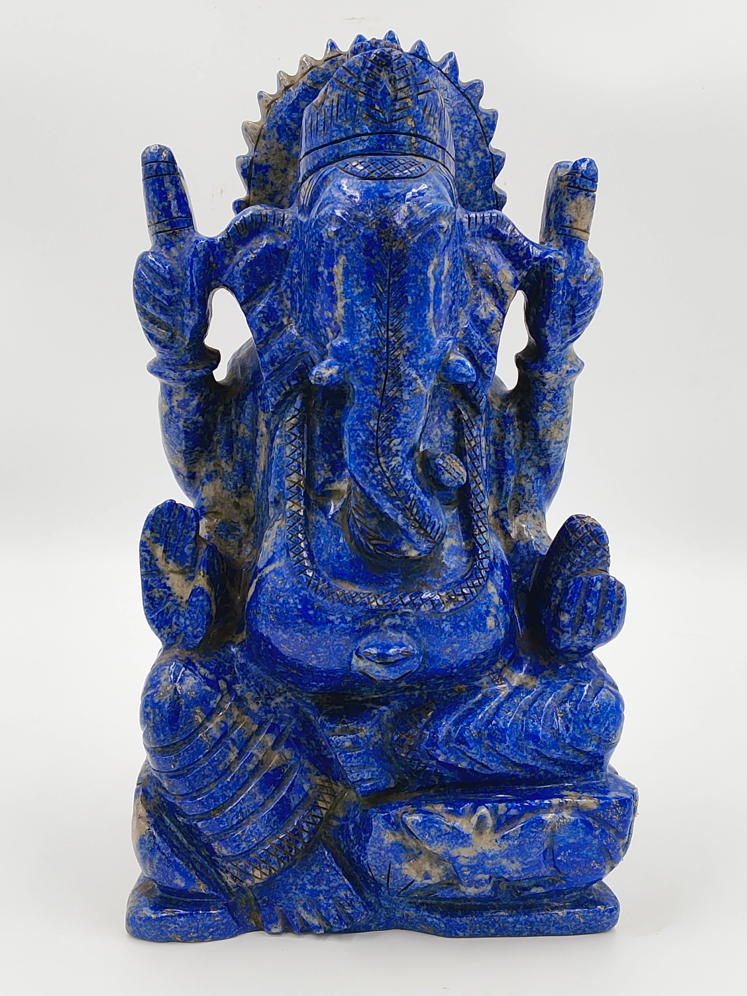 11 inch blue lapis lazuli Ganesh statue sitting with intricate carvings