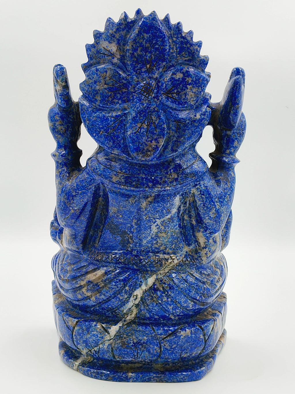 Back view of 11 inch Lapis Lazuli Ganesh sculpture with intricate carvings