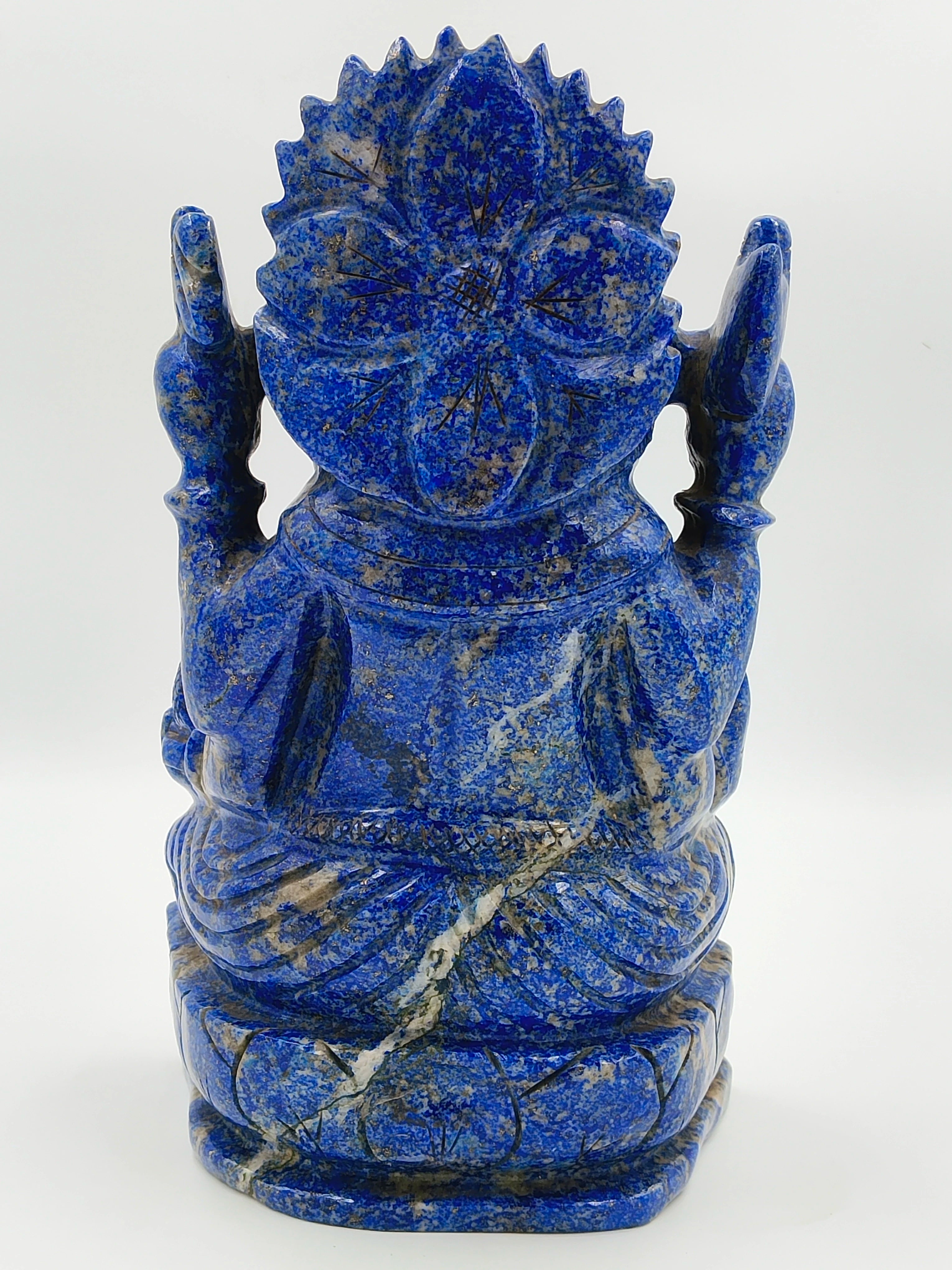 Back view of 11 inch Lapis Lazuli Ganesh sculpture with intricate carvings