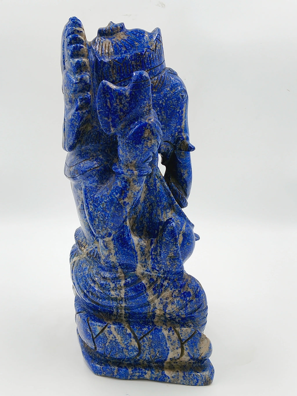 Side view of 11-inch Lapis Lazuli Ganesh sculpture with intricate details