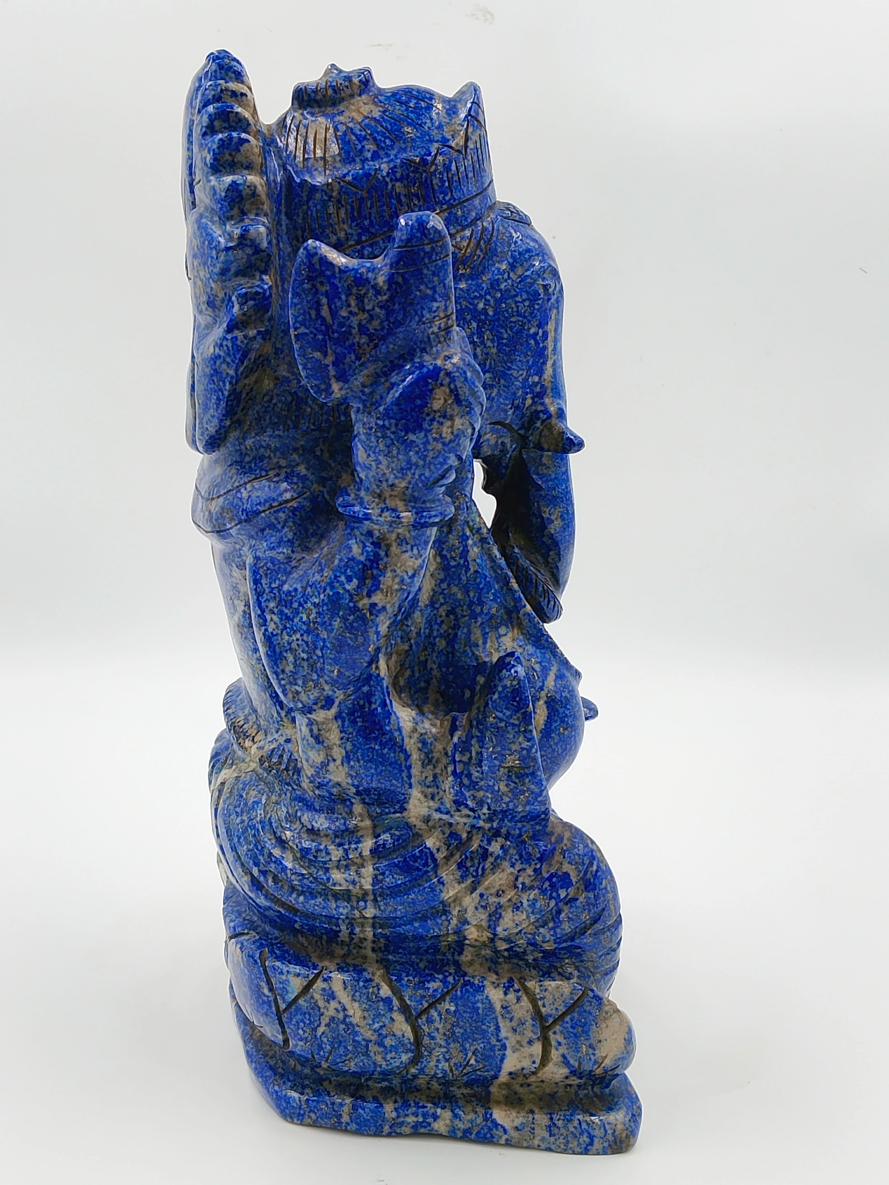 Side view of 11-inch Lapis Lazuli Ganesh sculpture with intricate details