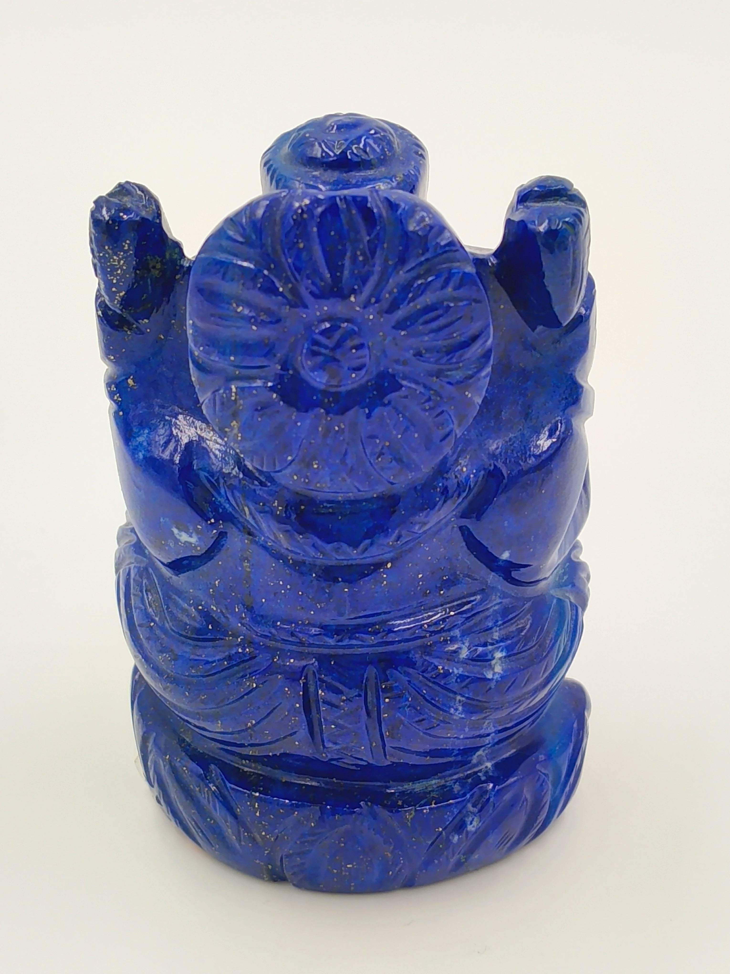 Back view of 2.1 inch lapis lazuli Ganesh sculpture with intricate carvings