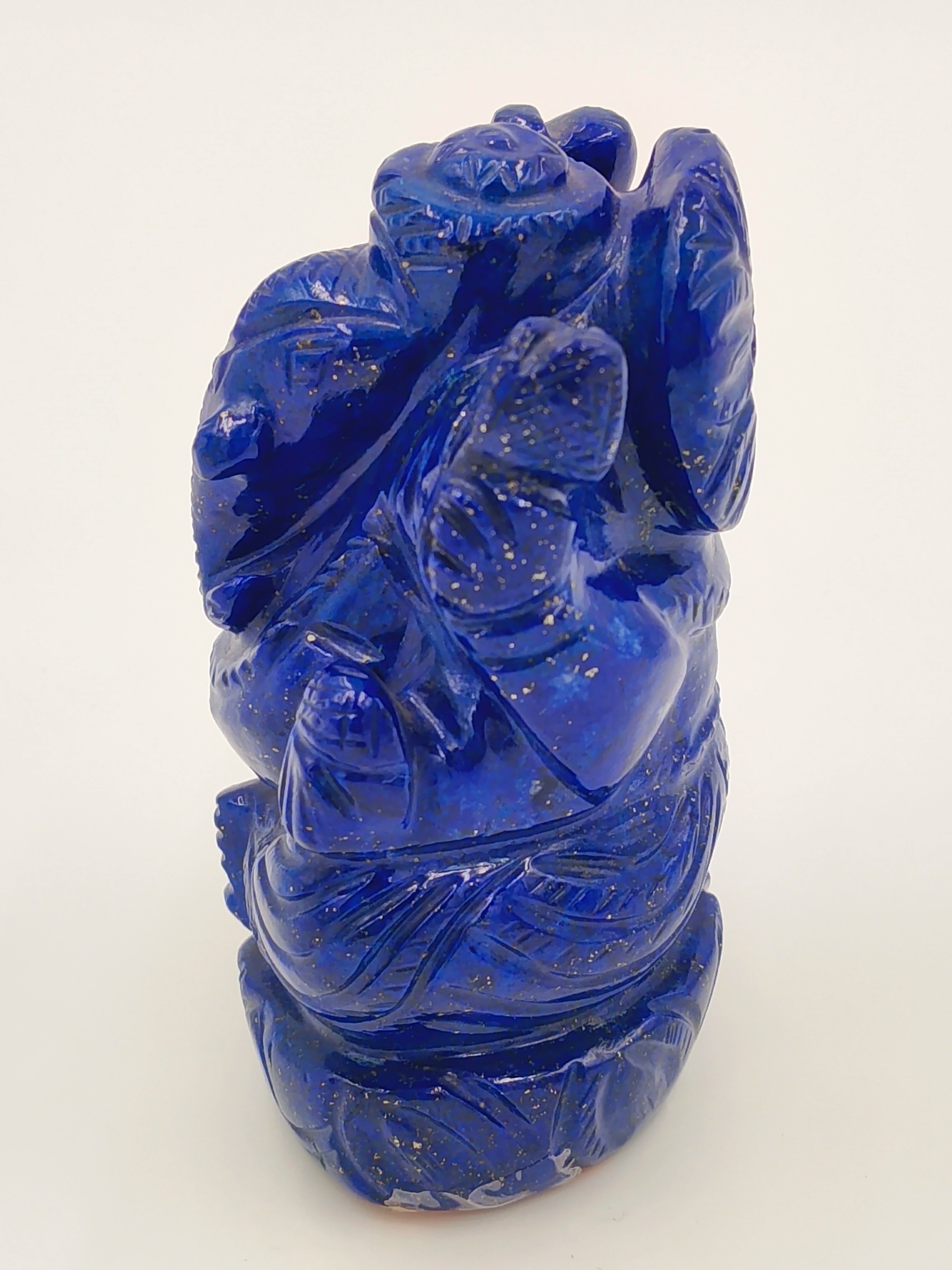 Blue lapis lazuli Ganesh sculpture with detailed carvings front view