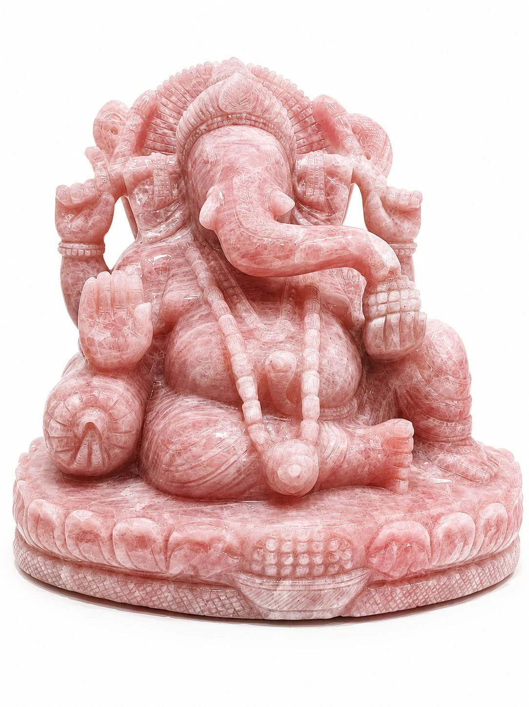 Large rose quartz statue of Ganesh seated on decorative base, front view